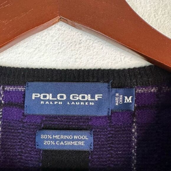 Vintage Polo Golf Ralph Lauren Purple Plaid Sweater Mens Merino Wool Cashmere - Picture 4 of 7